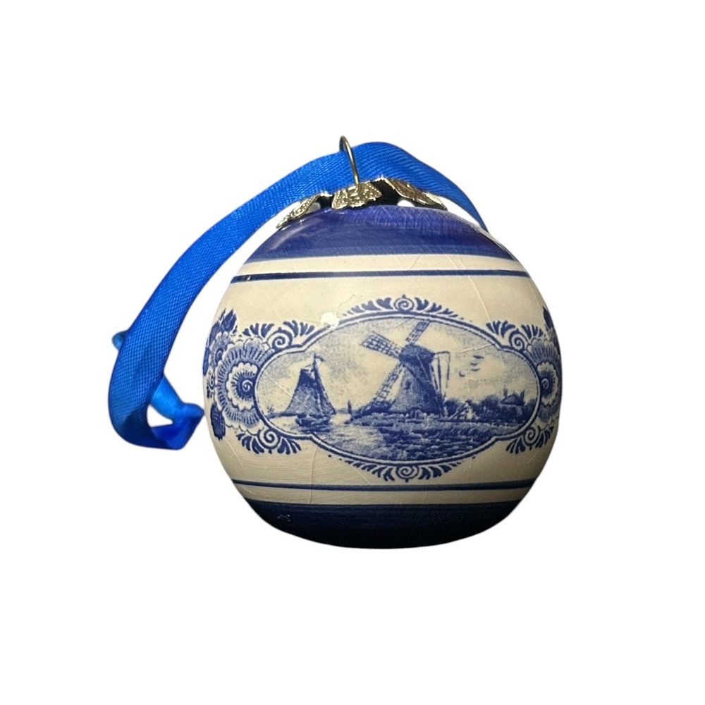 Vintage Delft Style Ceramic Christmas Ornament Blue White Windmill Crazing
